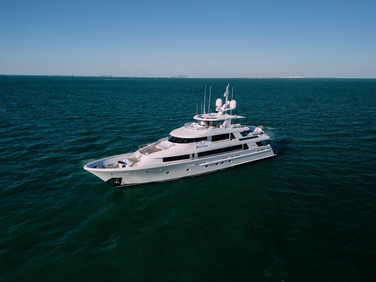 130-foot Westport Blue Time aerial view cruising off Fort Lauderdale