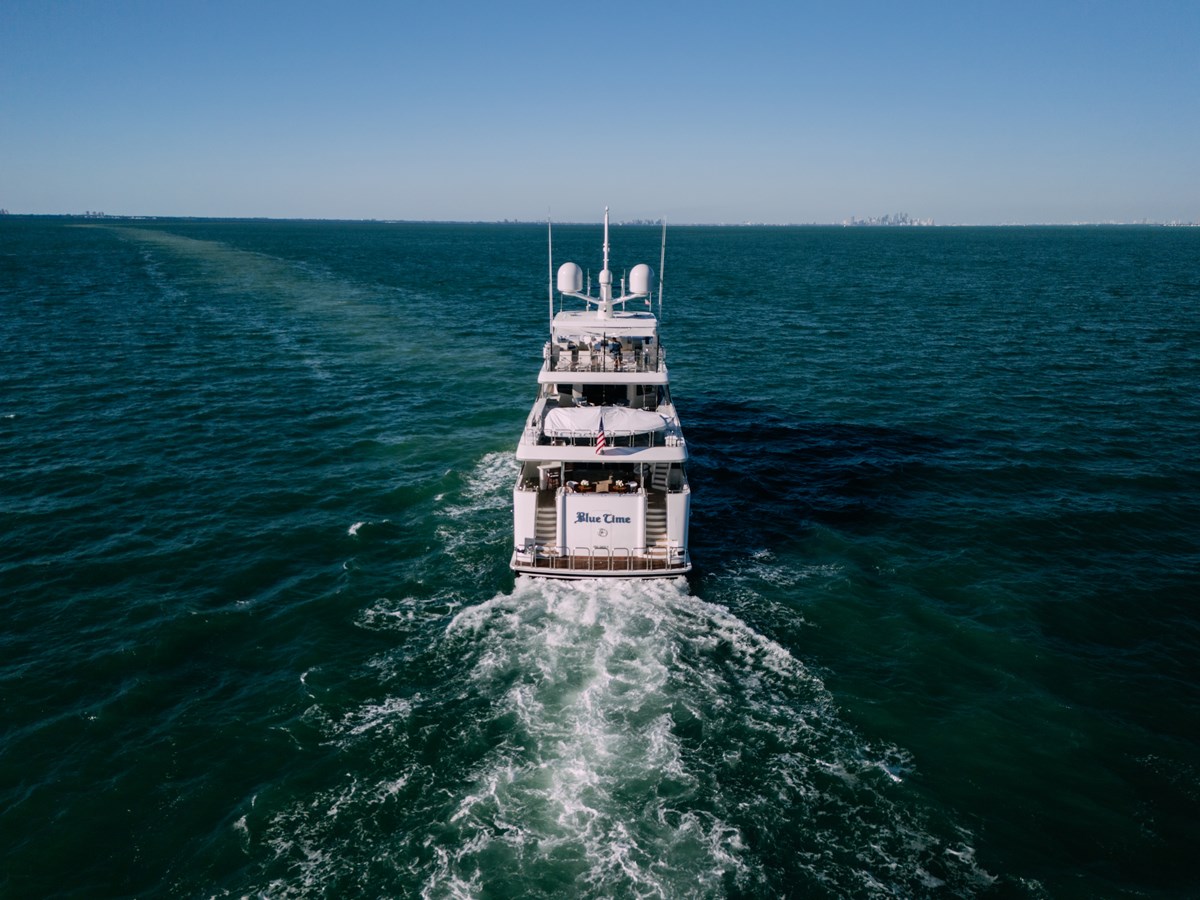 Westport 130 Blue Time aerial stern view underway in South Florida