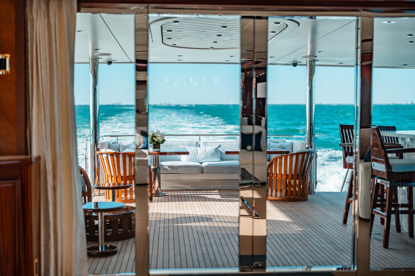 Westport 130 Blue Time aft deck through salon doors to ocean