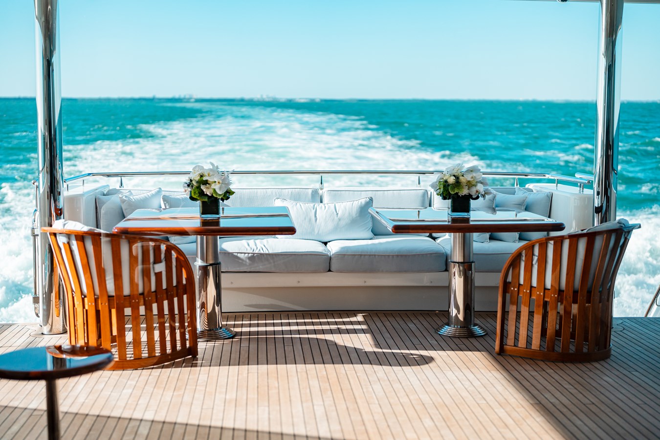 Westport 130 Blue Time aft deck teak lounge with ocean views