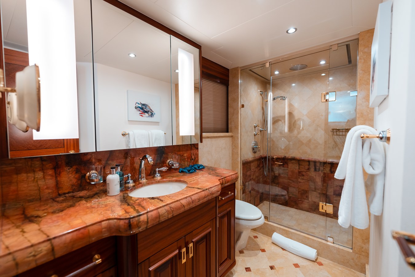 Westport 130 Blue Time guest bathroom marble vanity and glass shower
