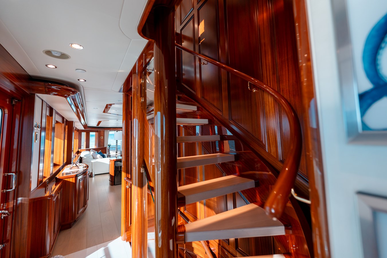 Westport 130 Blue Time interior spiral staircase polished mahogany