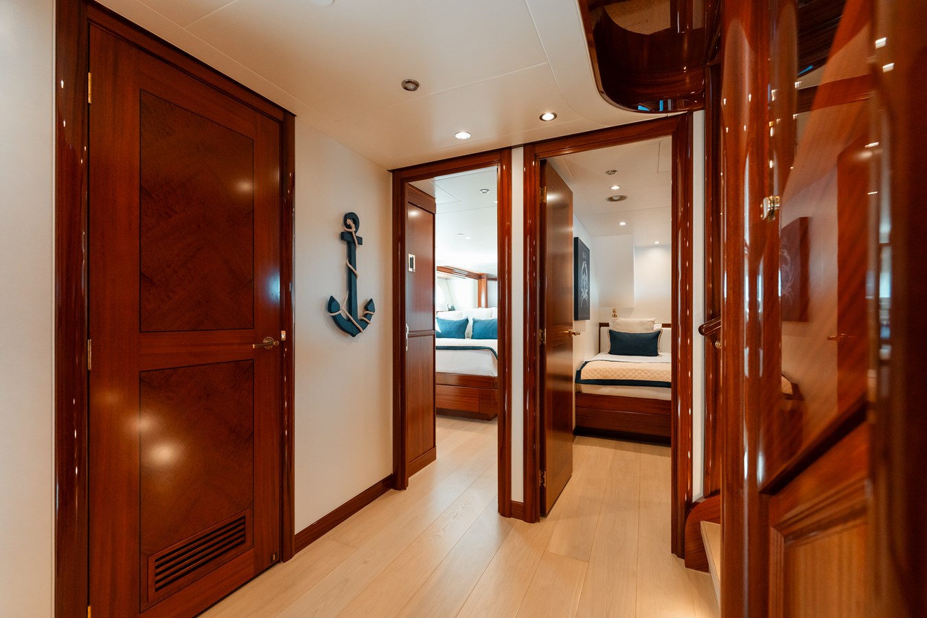 Westport 130 Blue Time lower deck corridor with guest cabin doors