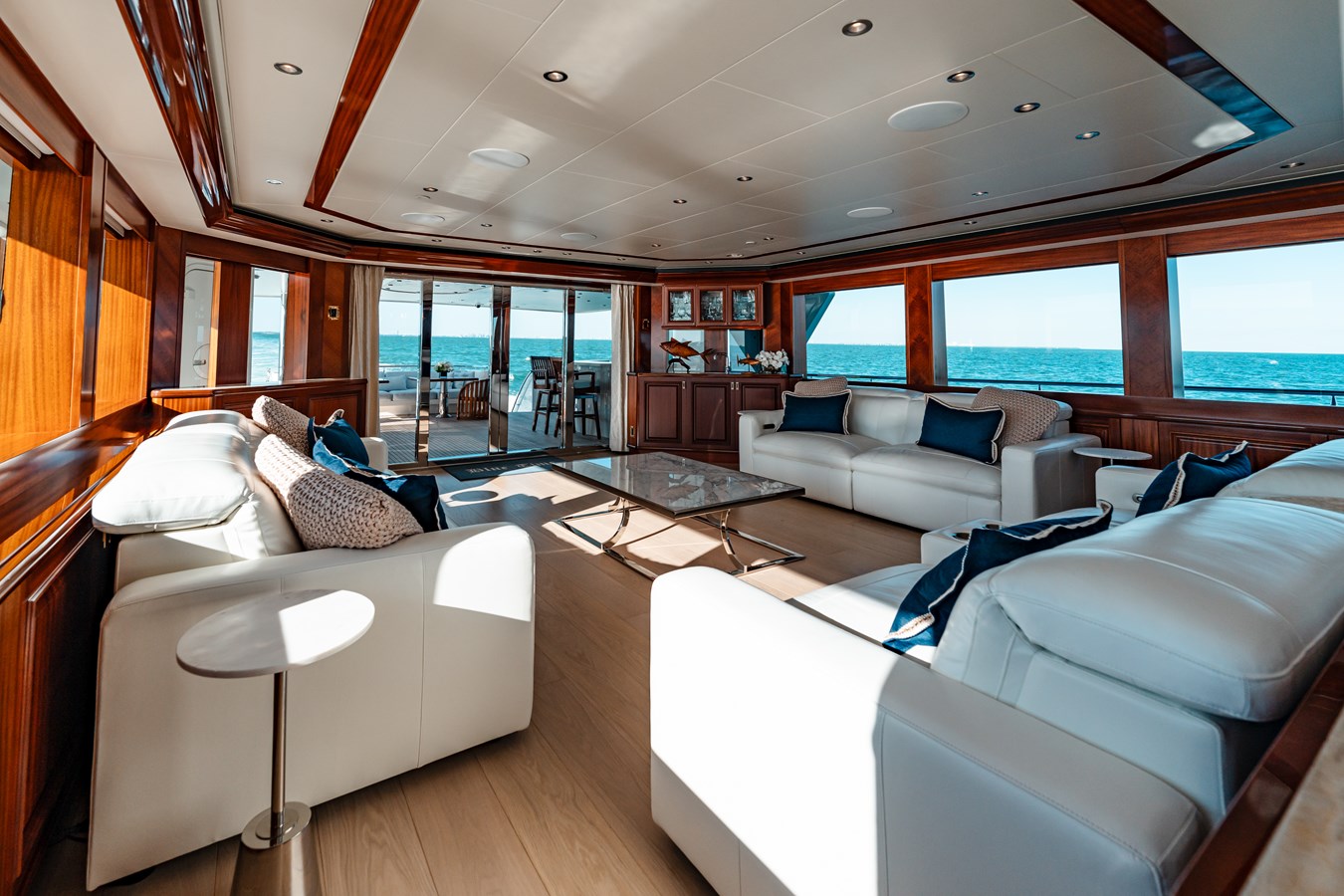 Westport 130 Blue Time main salon aft view with bar