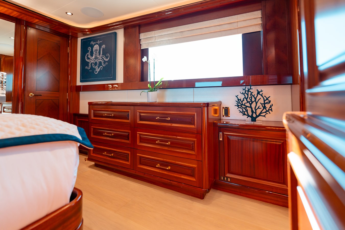 Westport 130 Blue Time master stateroom mahogany dresser