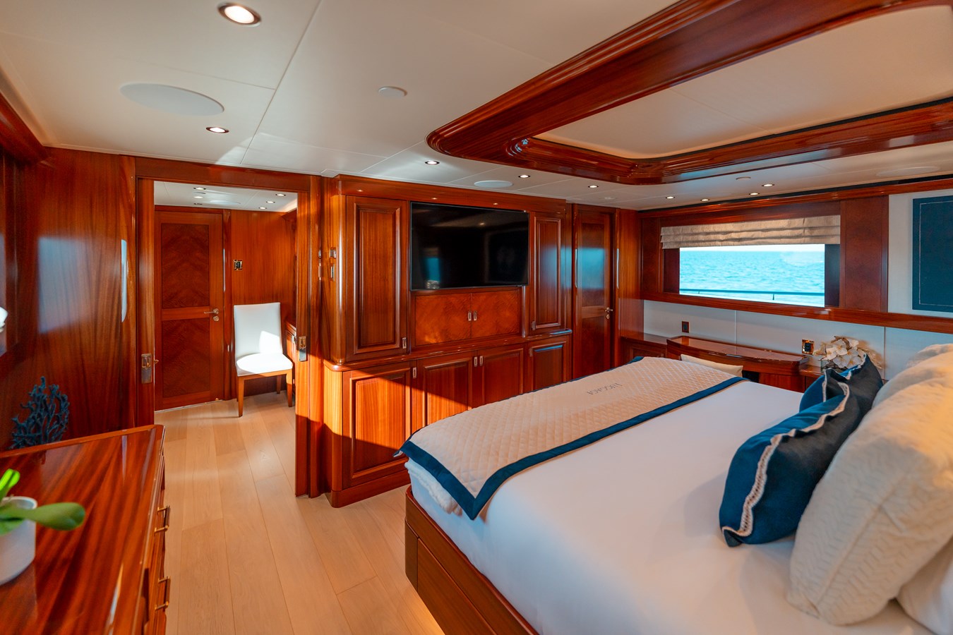 Westport 130 Blue Time master stateroom entertainment center