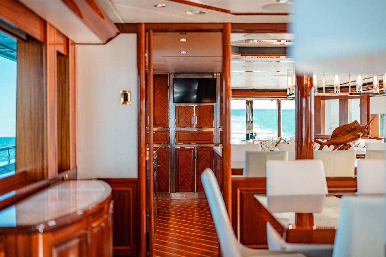 Westport 130 Blue Time pilothouse helm station with radar and navigation electronics