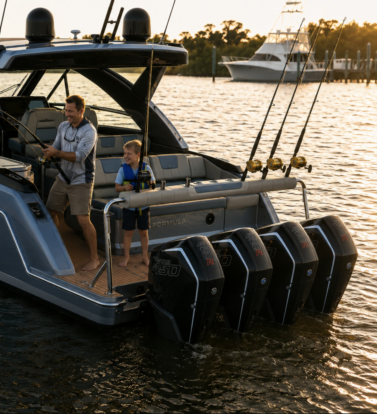 Father and son fishing from the aft deck of the Formula 430 SSC, rods in the six-rod rocket launcher above the quad Mercury Racing 450R outboards
