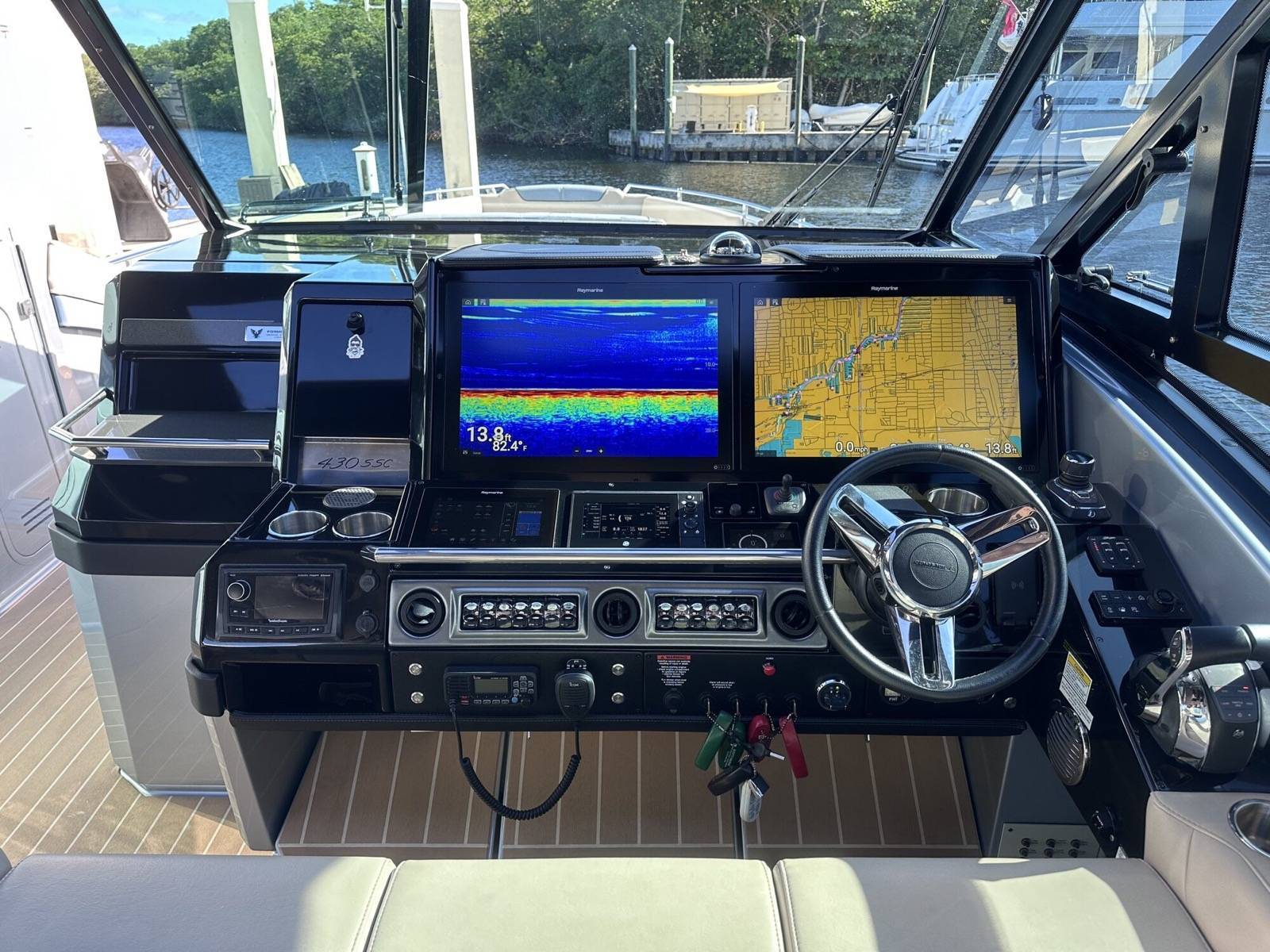 Formula 430 SSC helm console with twin Raymarine Axiom XL displays and joystick piloting