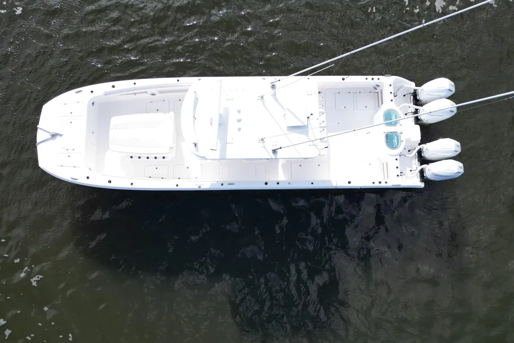 Invincible 40 Catamaran aerial overhead drone view showing full deck layout Fort Lauderdale