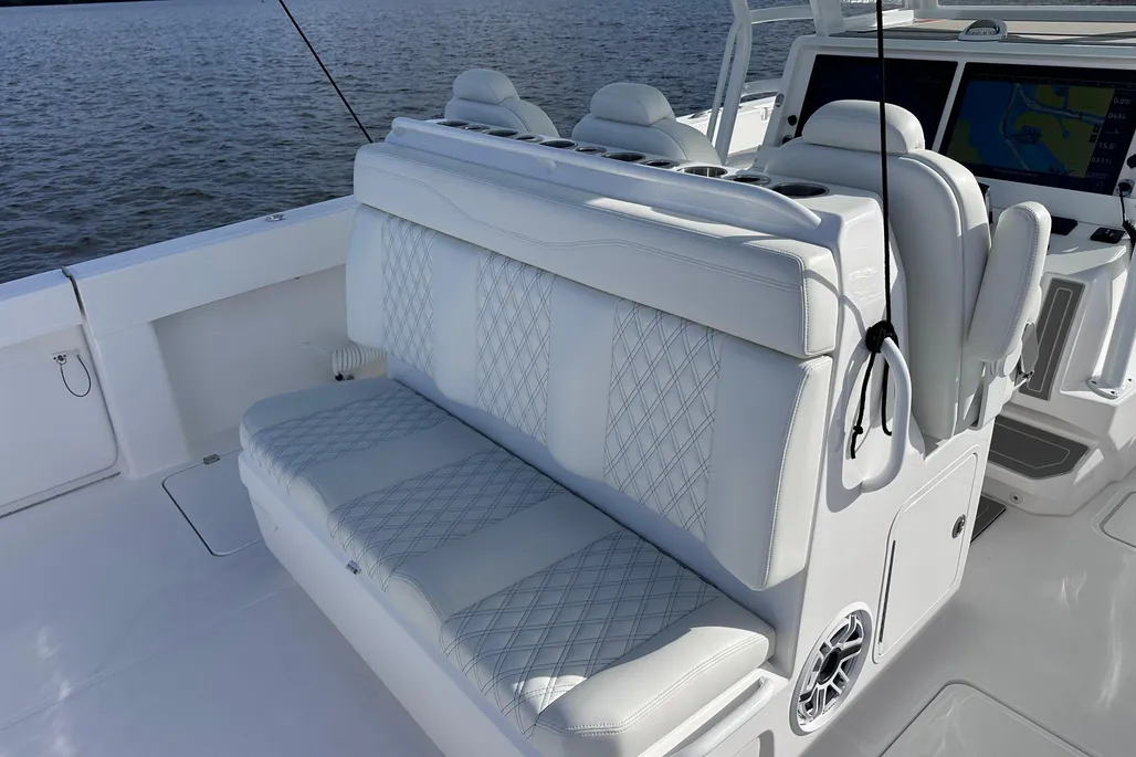 Invincible 40 Catamaran fold-out aft bench seat in cockpit