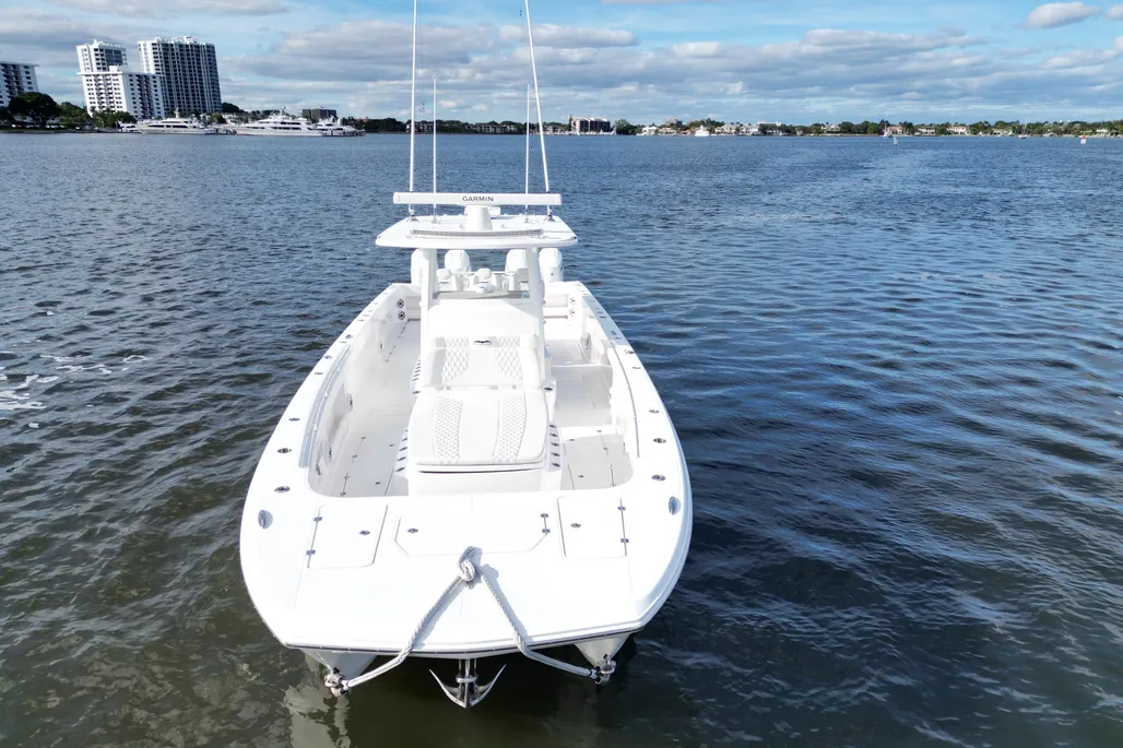 Invincible 40 Catamaran bow aerial view showing forward seating and hardtop