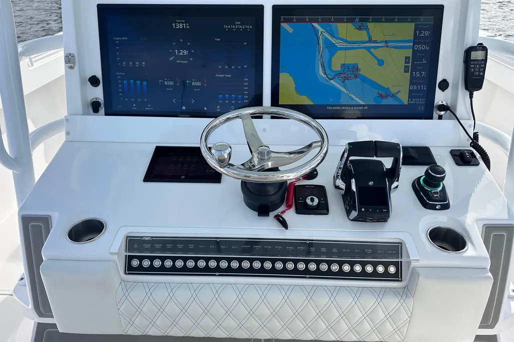Invincible 40 Catamaran Garmin dual-screen helm electronics console