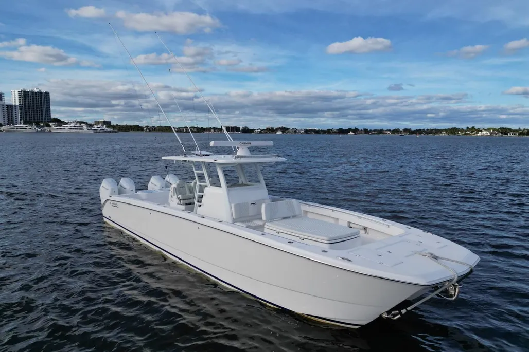2025 Invincible 40 Catamaran anchored off Fort Lauderdale with city skyline