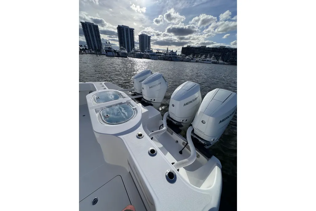 Invincible 40 Catamaran quad Mercury outboards close-up at Fort Lauderdale marina