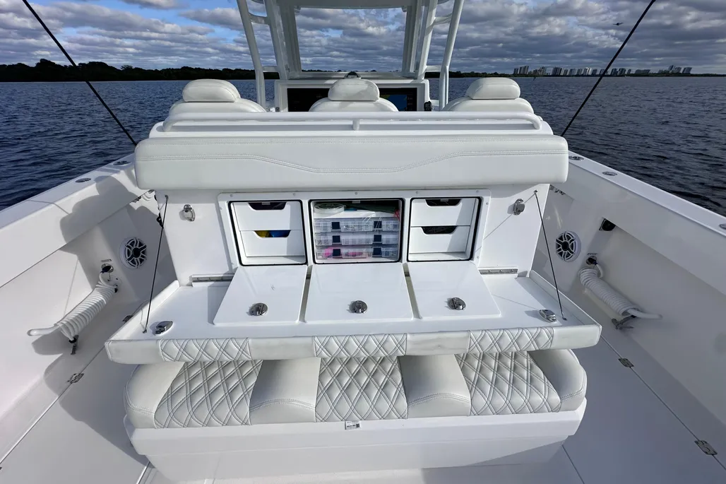 Invincible 40 Catamaran tackle station with pull-out drawers and aft bench seating