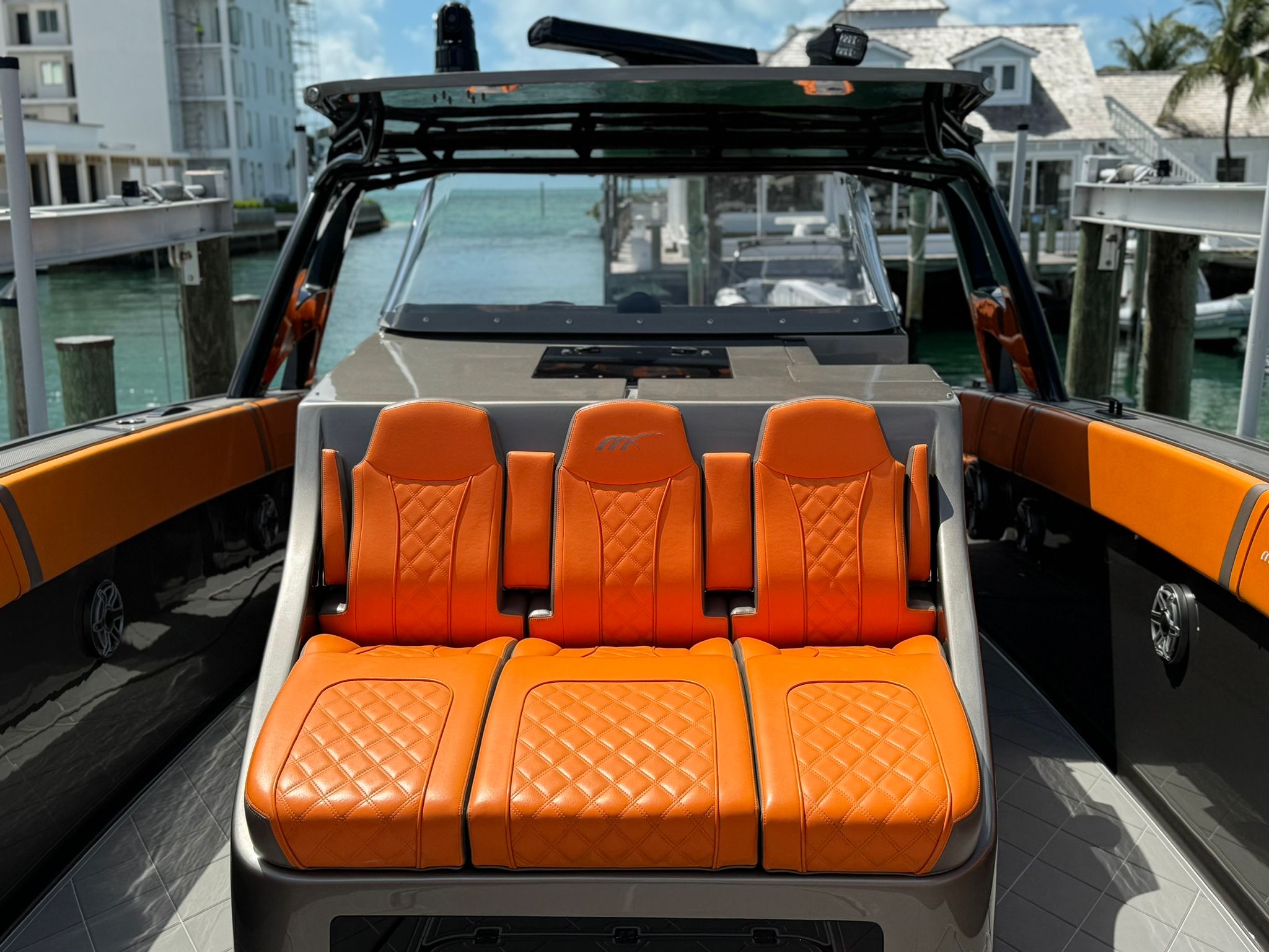 Midnight Express 43 Stop the Press rear-facing bench seat with cockpit view