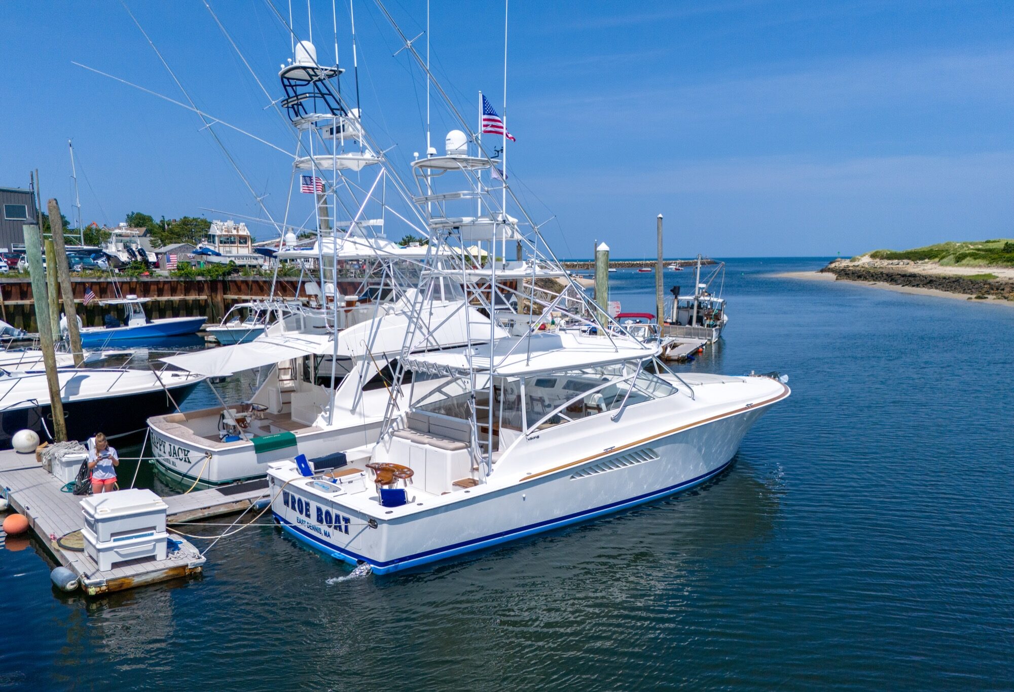 2007 Viking 45 Open The Wroe Boat wide aerial profile at dock in Hyannis harbor
