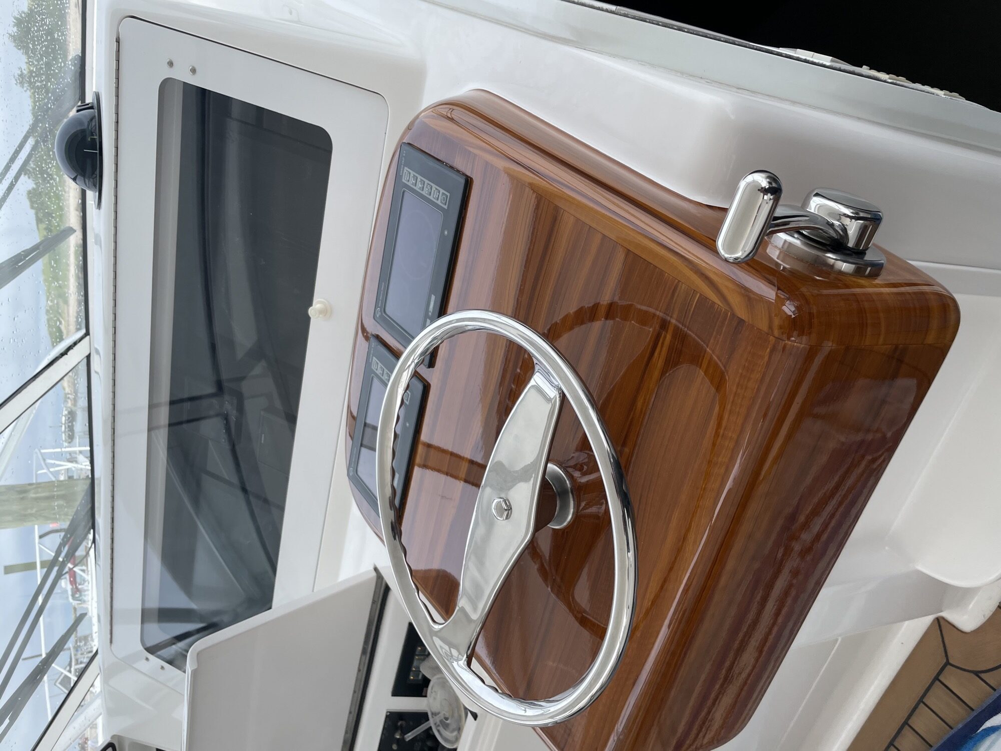 Viking 45 Open The Wroe Boat helm electronics Furuno screens and mahogany wheel