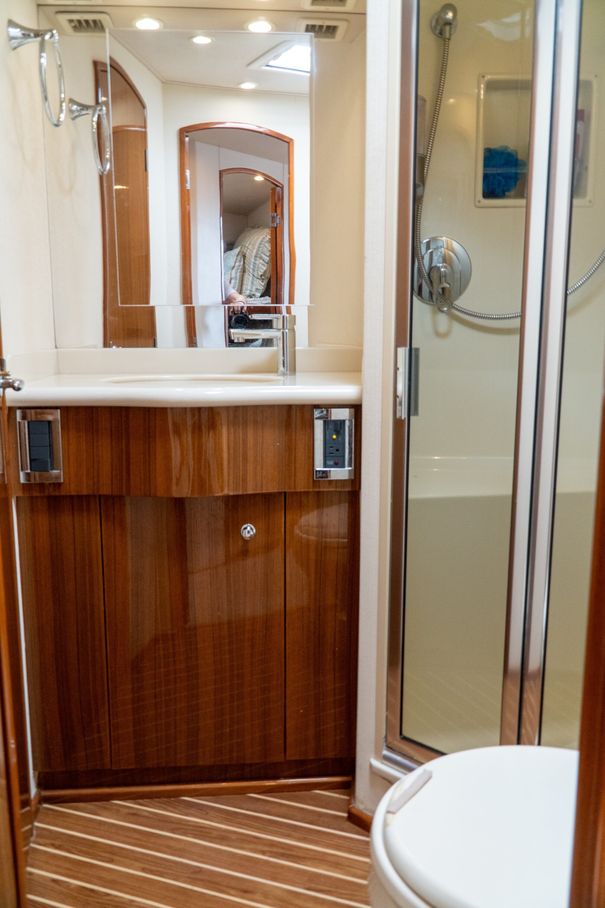 Viking 45 Open The Wroe Boat head bathroom with teak vanity and shower
