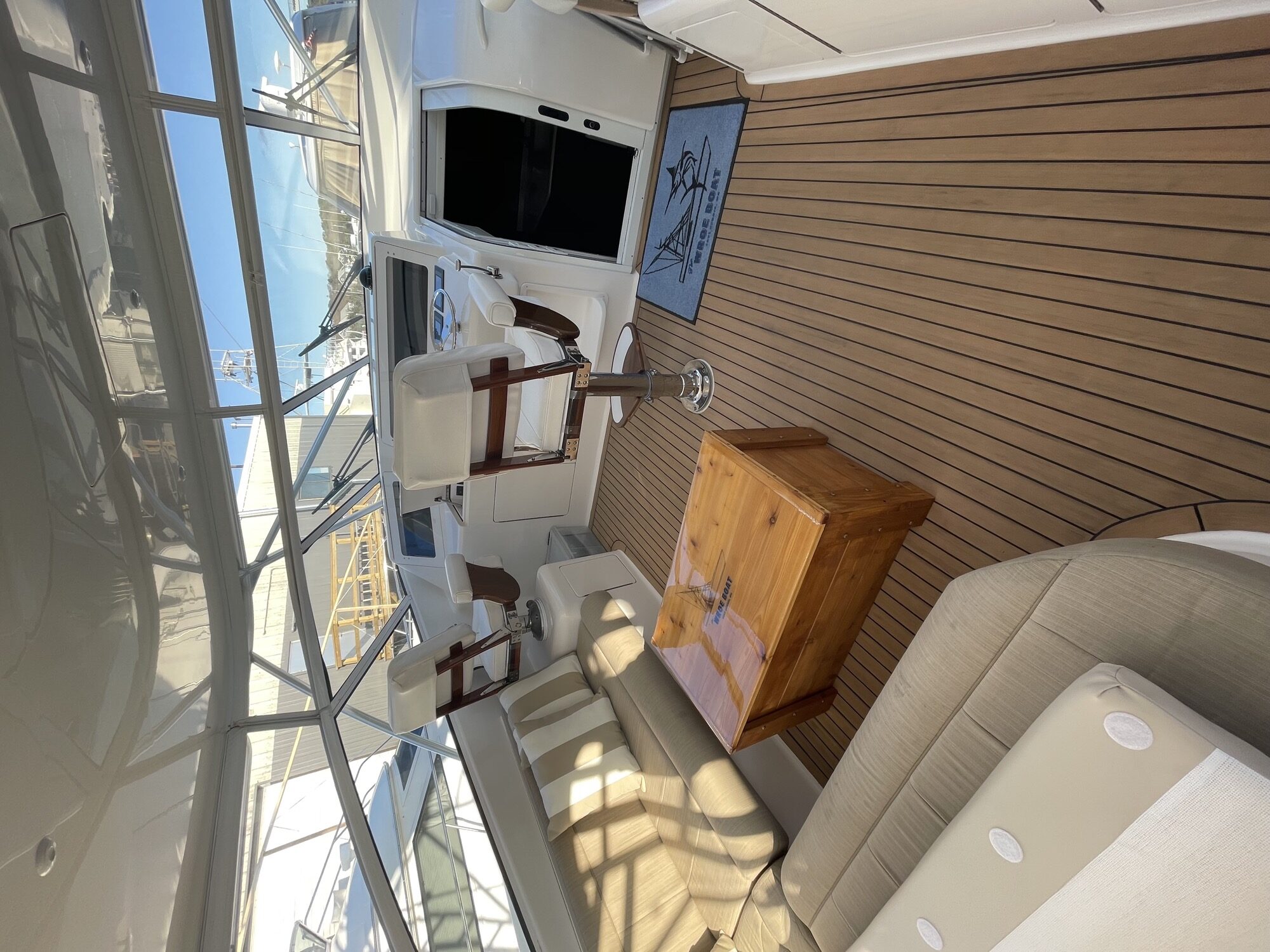 Viking 45 Open The Wroe Boat wide helm deck view with Samsung TV