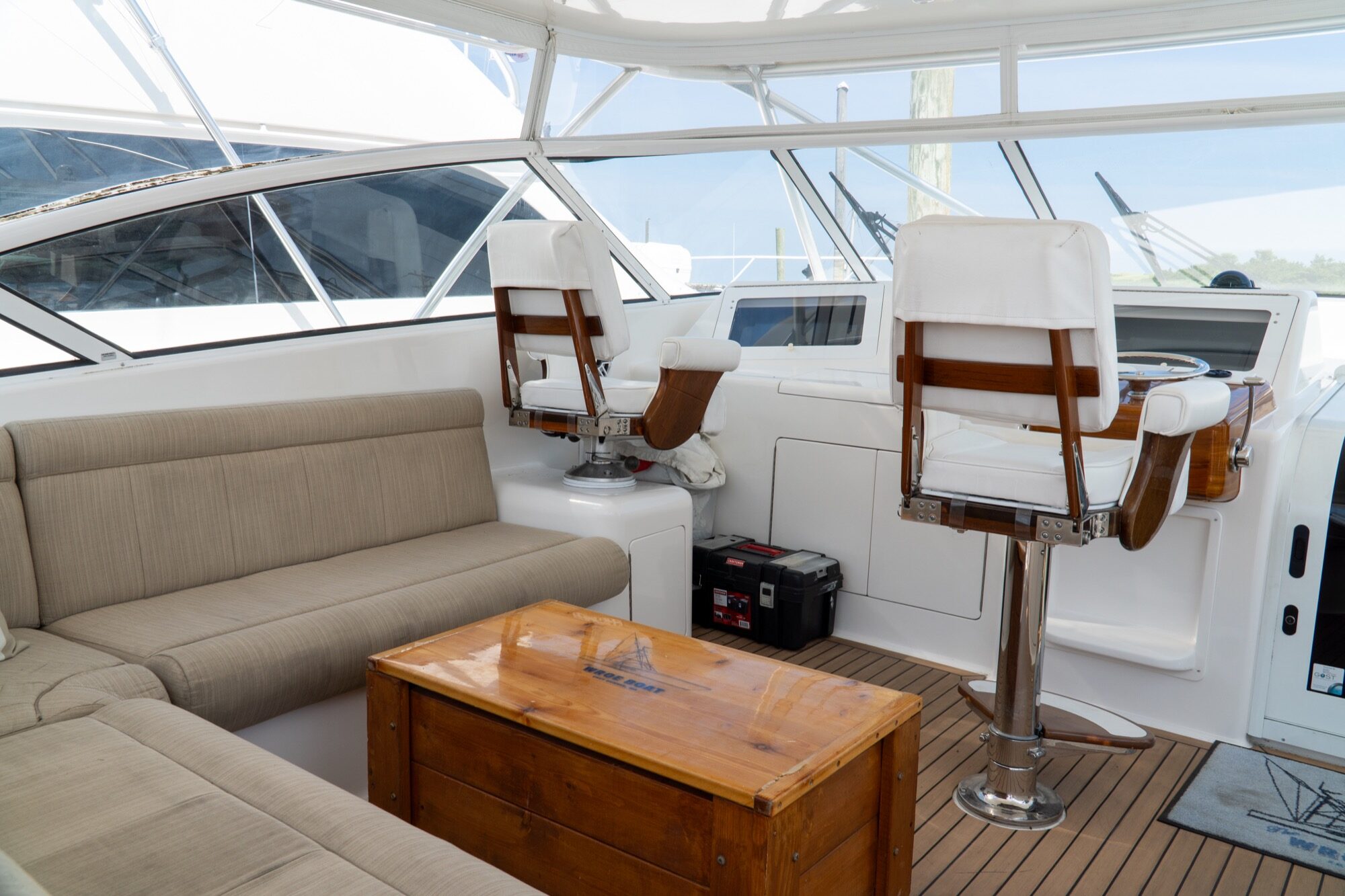 Viking 45 Open The Wroe Boat helm deck with Murray chairs and companion sofa