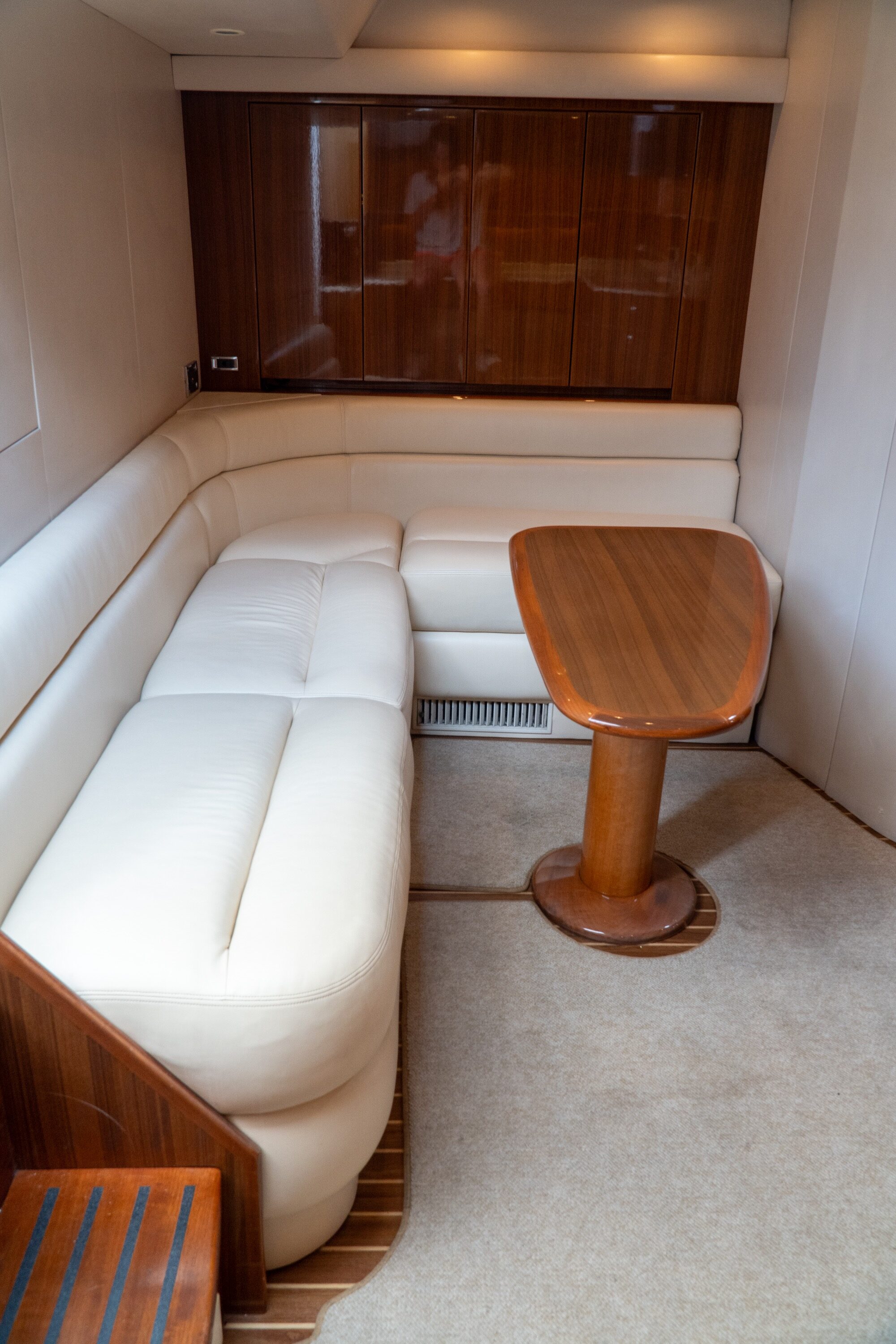 Viking 45 Open The Wroe Boat master stateroom with teak woodwork