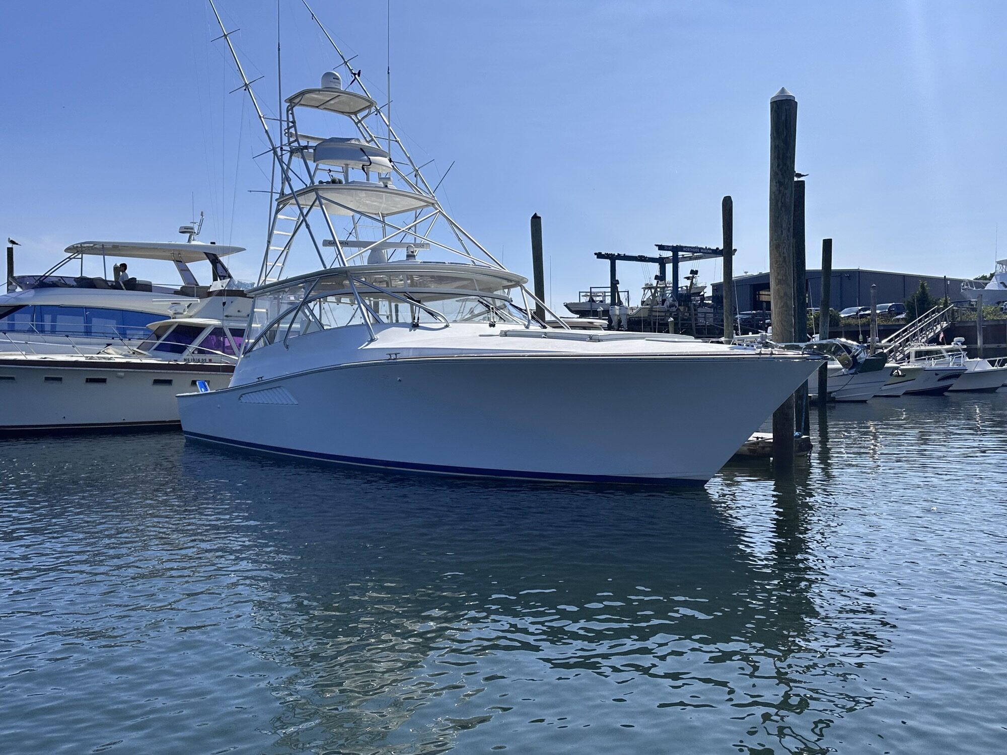 2007 Viking 45 Open sportfish The Wroe Boat starboard bow profile dockside Hyannis Massachusetts