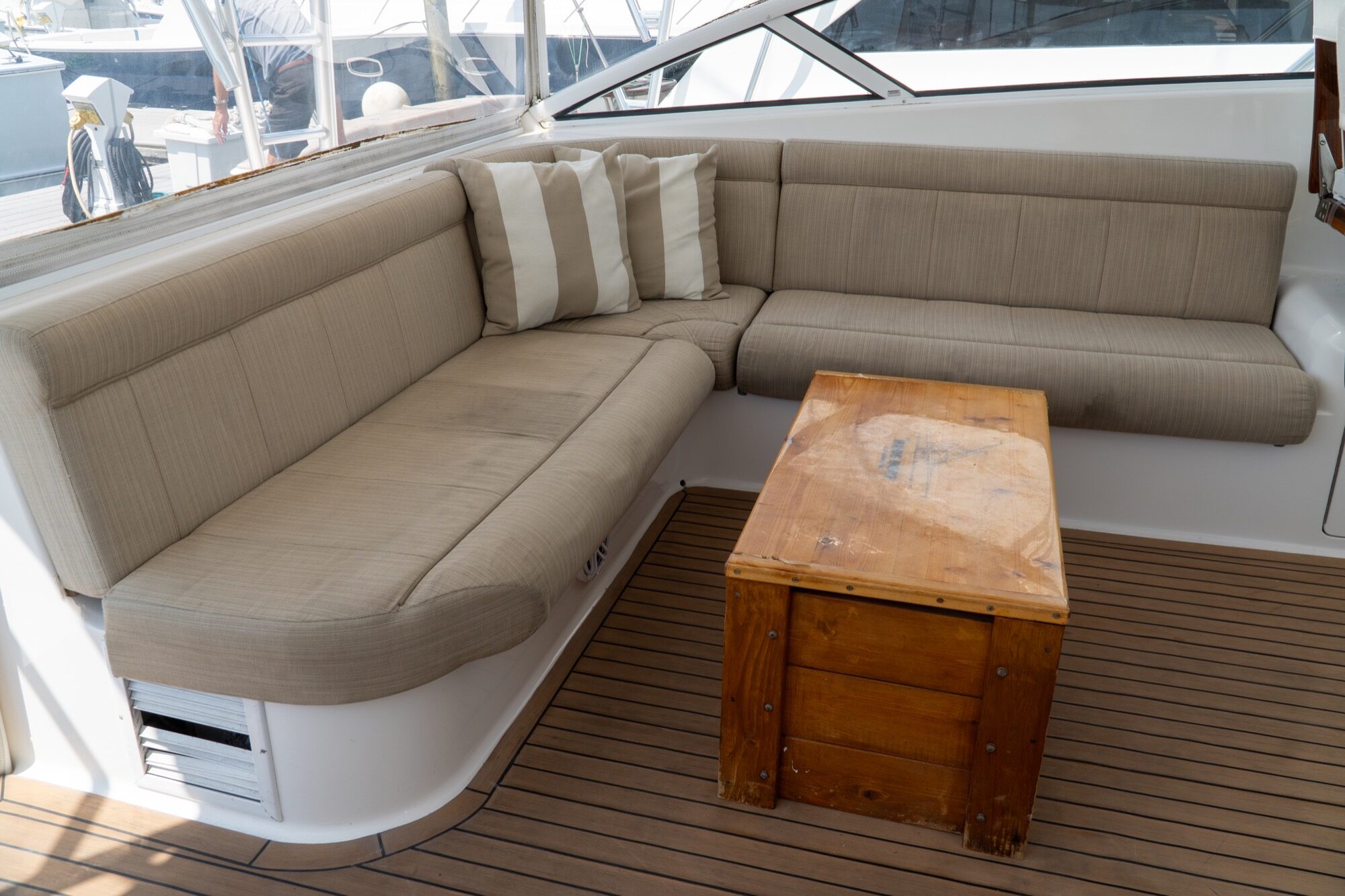 Viking 45 Open The Wroe Boat tower helm deck lounge seating with teak table