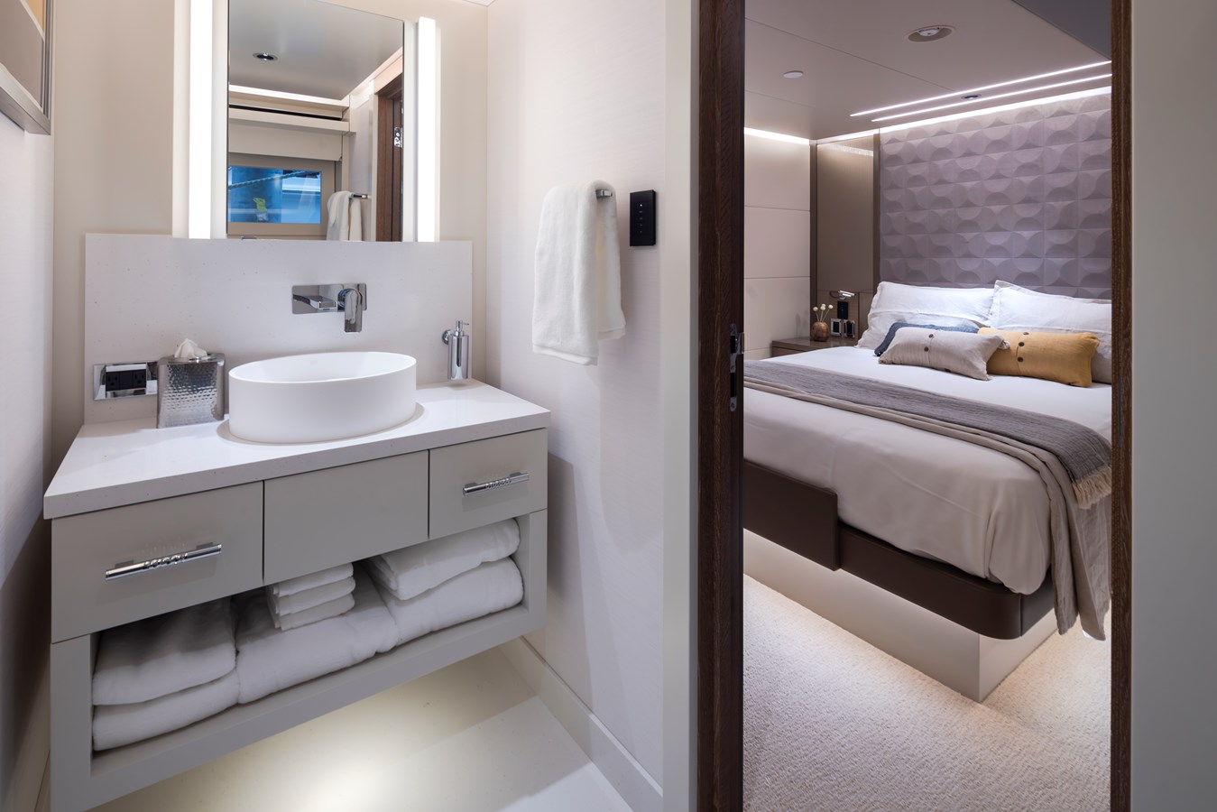Westport W117 guest bathroom with vessel sink and view into guest cabin