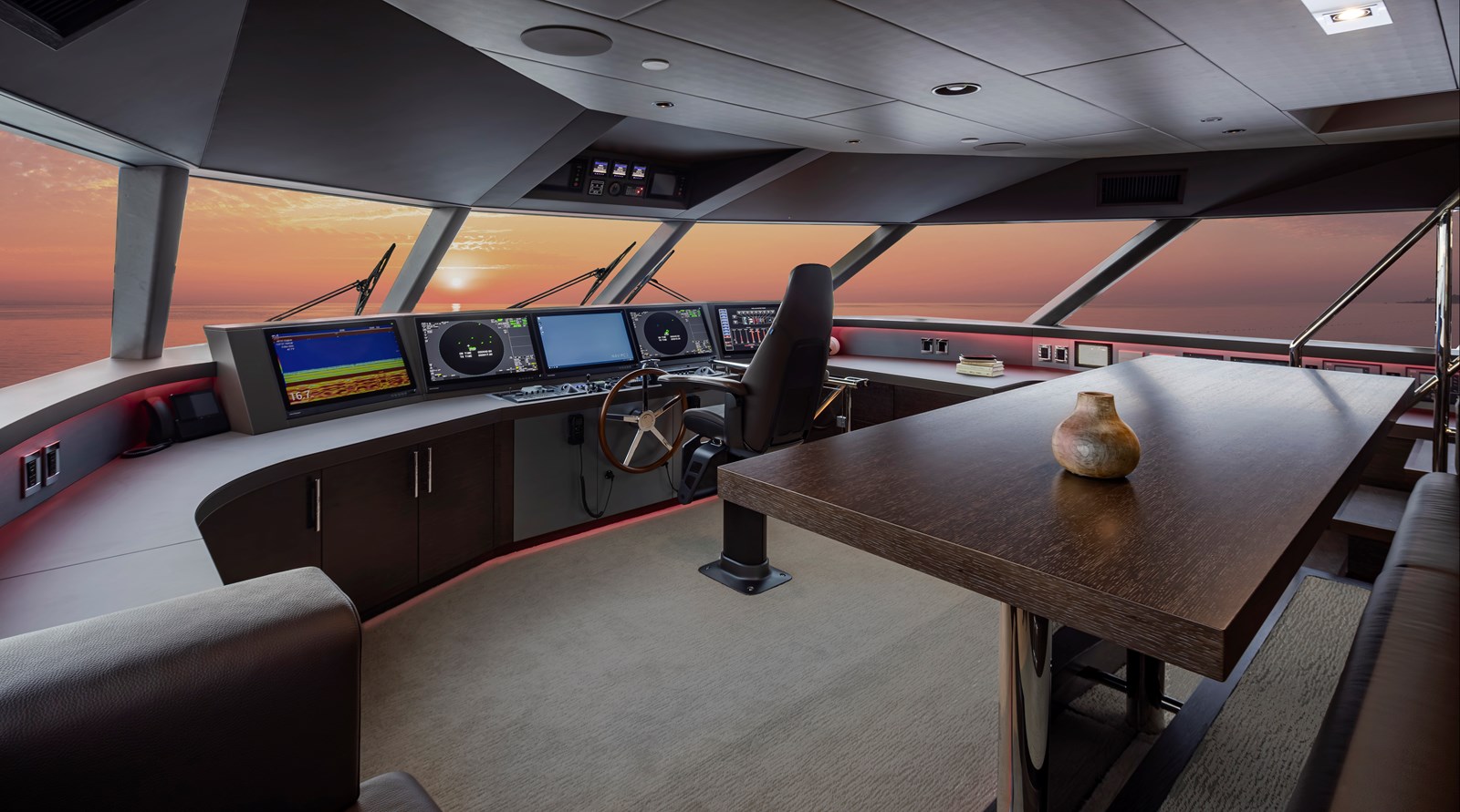 Westport W117 raised pilothouse with Garmin electronics suite at sunset