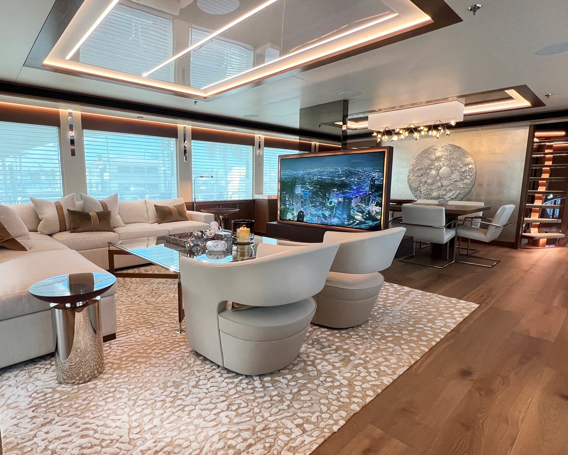 Westport W135 main salon interior with contemporary furniture and panoramic windows